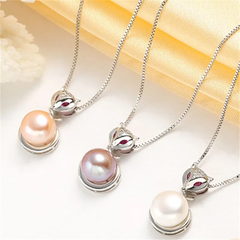 Natural Freshwater Pearl Pendant Necklace  925 Sterling Silver Fox Zircon Pendant