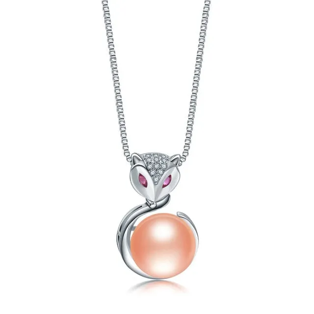 Natural Freshwater Pearl Pendant Necklace  925 Sterling Silver Fox Zircon Pendant