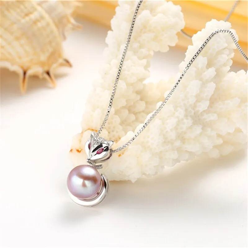 Natural Freshwater Pearl Pendant Necklace  925 Sterling Silver Fox Zircon Pendant