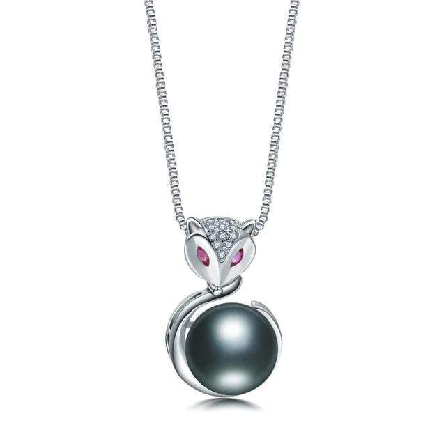 Natural Freshwater Pearl Pendant Necklace  925 Sterling Silver Fox Zircon Pendant