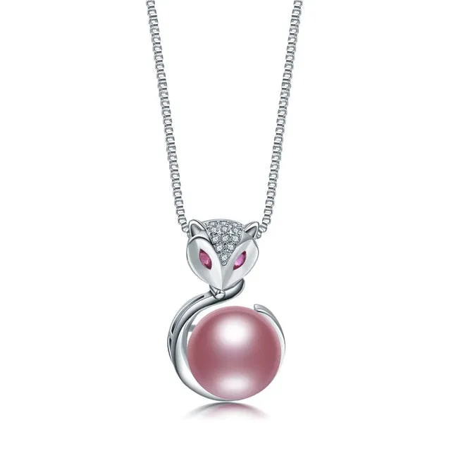 Natural Freshwater Pearl Pendant Necklace  925 Sterling Silver Fox Zircon Pendant
