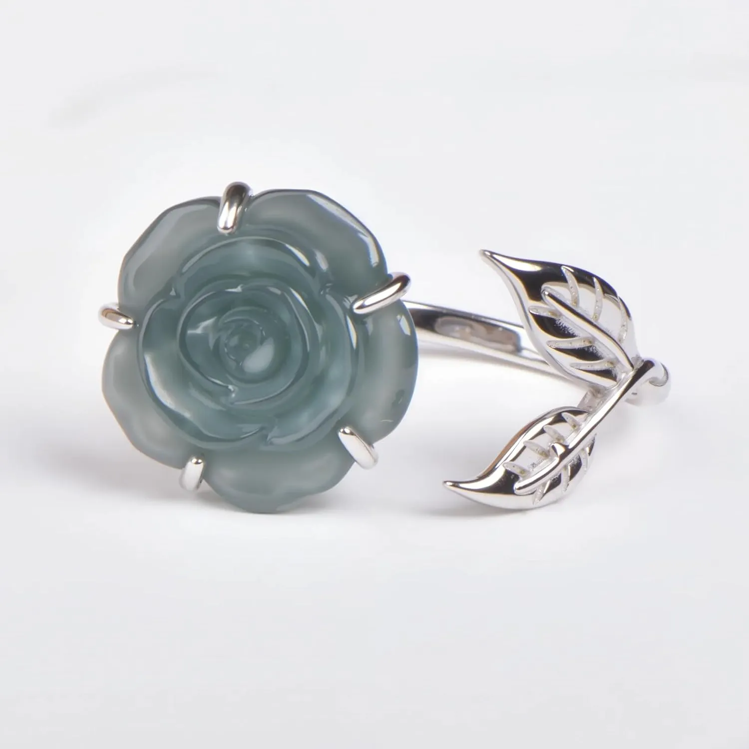Natural Green Jade Rose Ring Sterling Silver 925 Leaf Rose Jade Open Adjustable Ring Jewelry for Women
