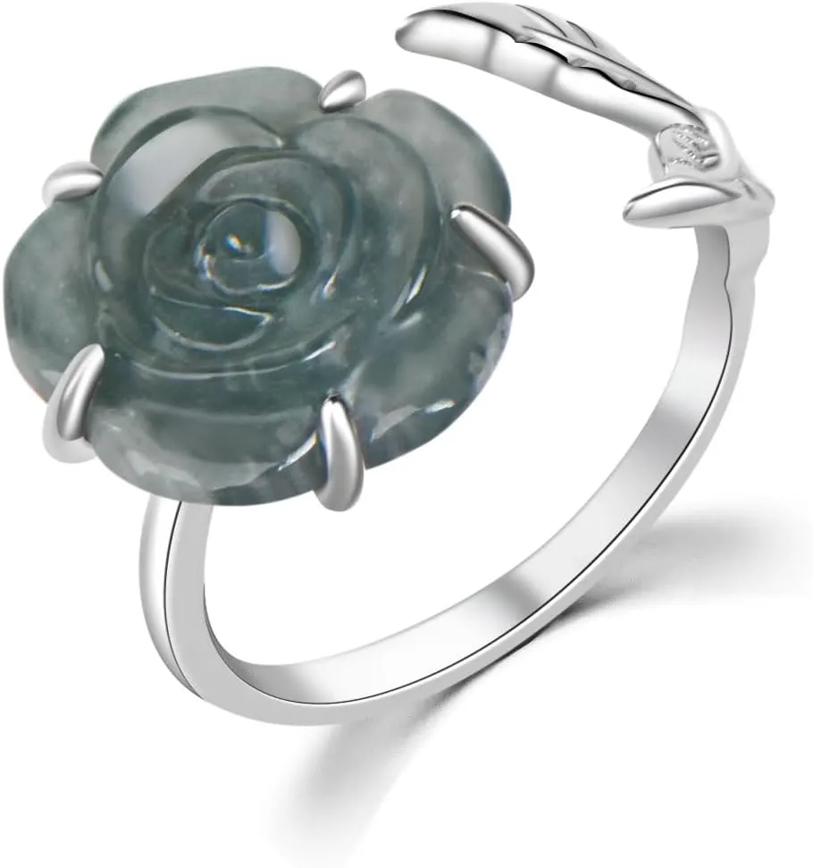 Natural Green Jade Rose Ring Sterling Silver 925 Leaf Rose Jade Open Adjustable Ring Jewelry for Women