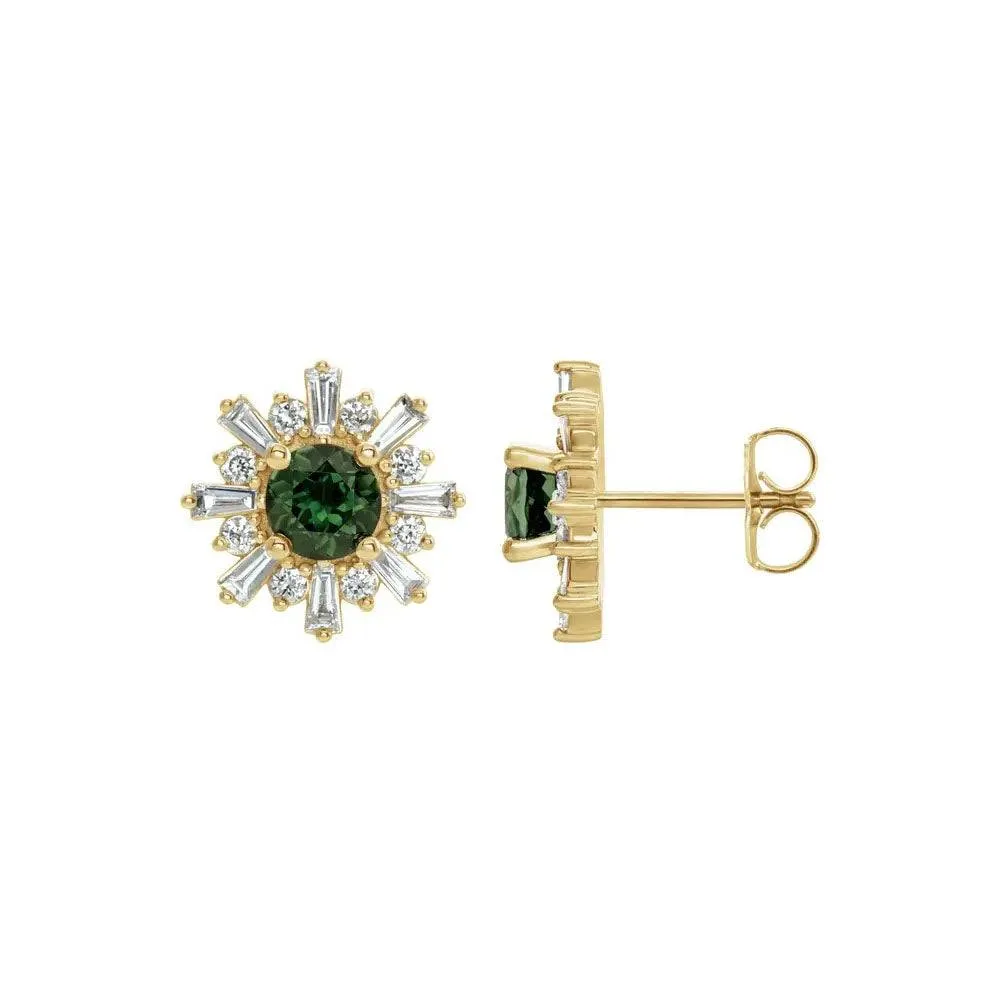 Natural Green Tourmaline & Natural Diamond Flower Stud Earrings