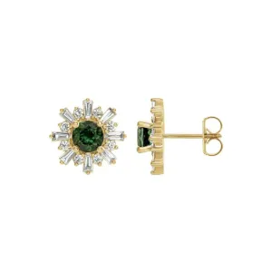 Natural Green Tourmaline & Natural Diamond Flower Stud Earrings