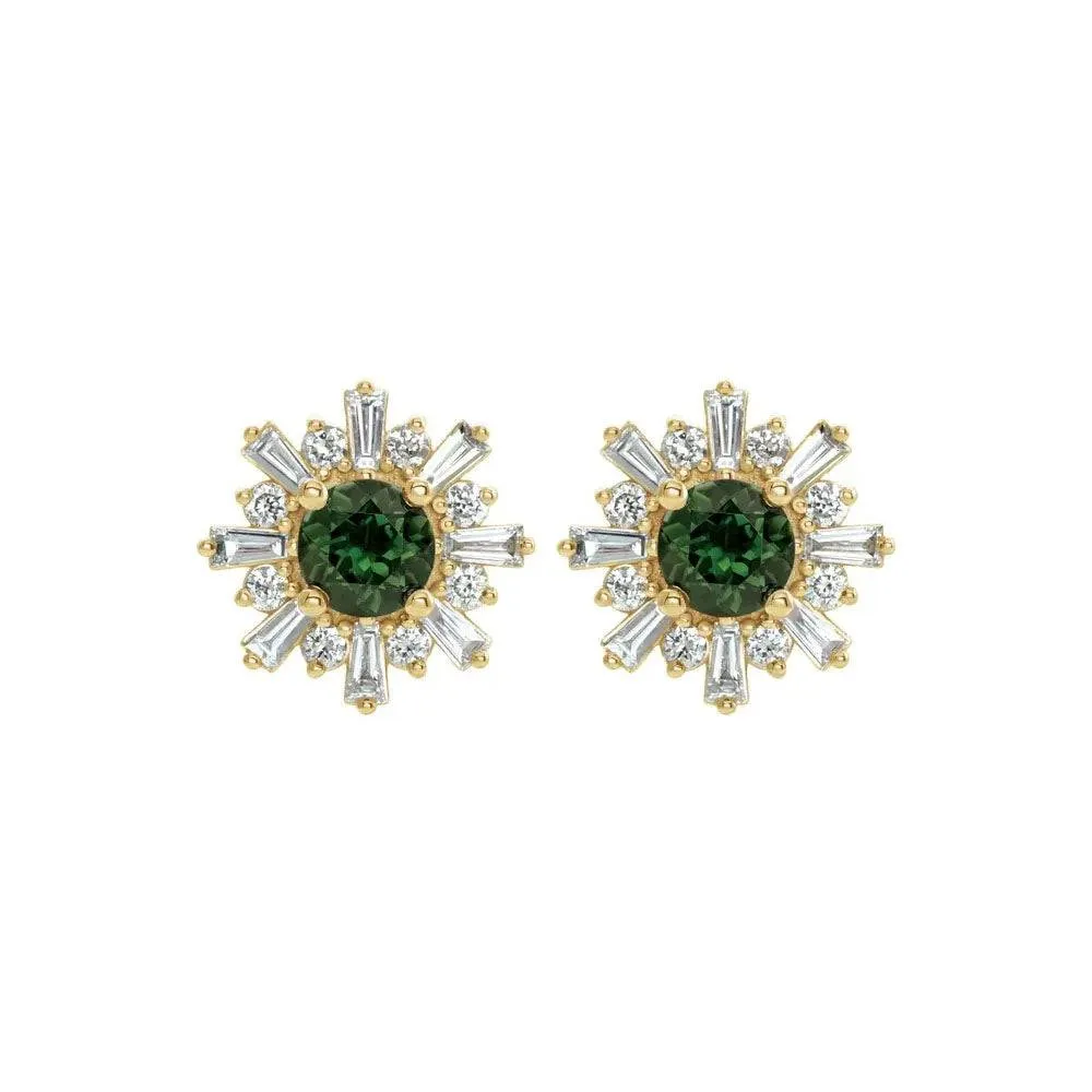 Natural Green Tourmaline & Natural Diamond Flower Stud Earrings