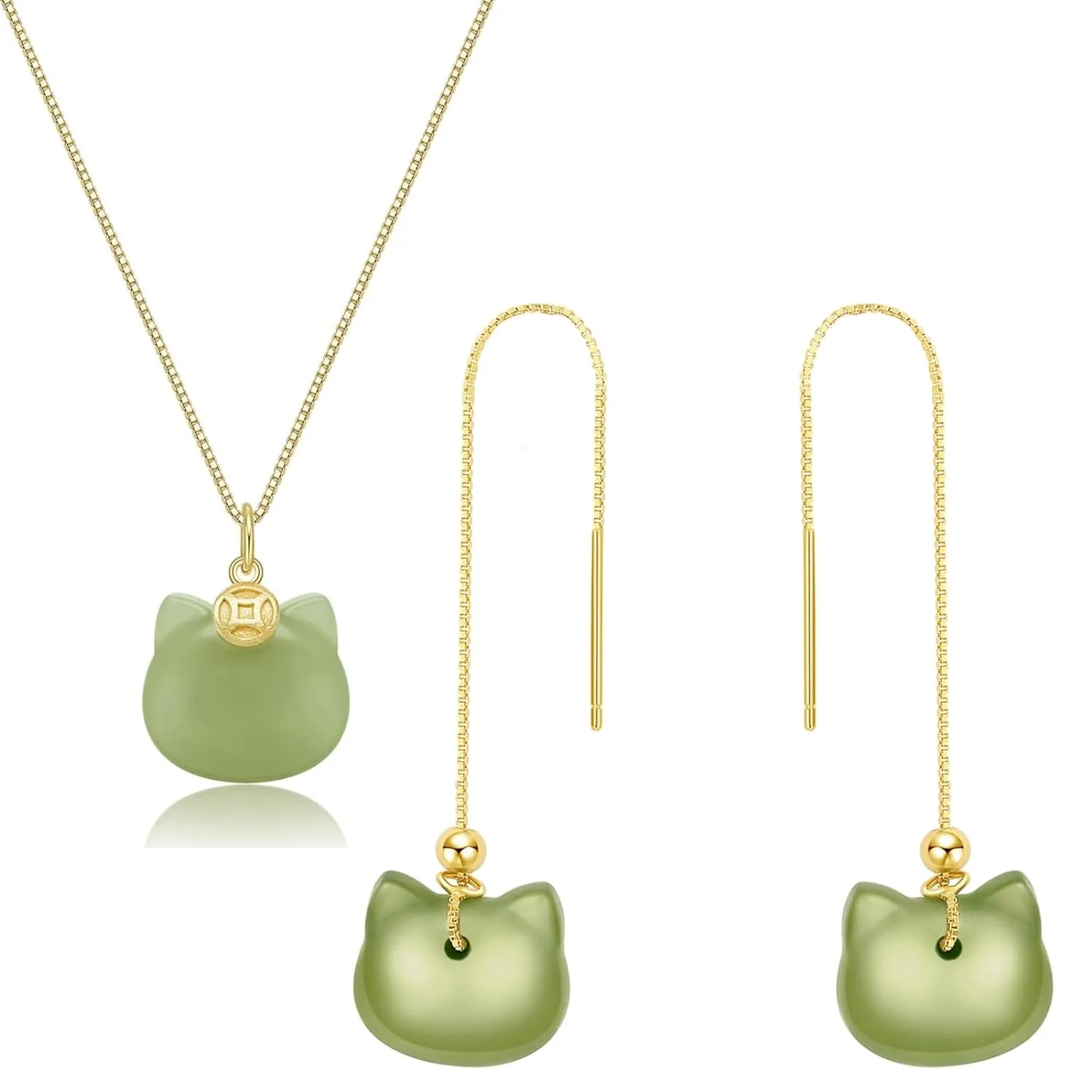 Natural Hetian Jade Necklace, Cat Shape Jade Pendant Stud Earrings Jewelry for Women, Green Jade Jewelry Set Lucky Gifts for Mom Lover Girls Her (925 Sterling Silver with Gold Plated)