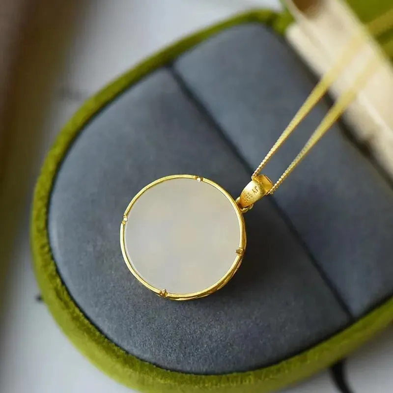 Natural Hetian jade Round Pendant Necklace