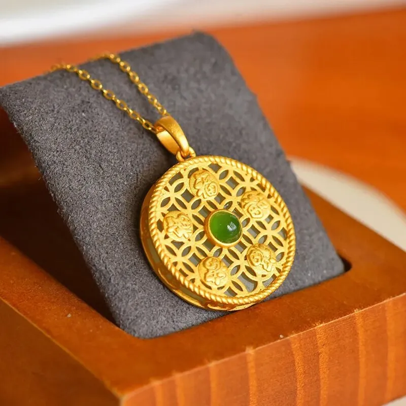 Natural Hetian jade Round Pendant Necklace