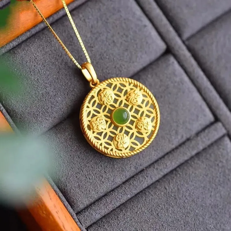 Natural Hetian jade Round Pendant Necklace
