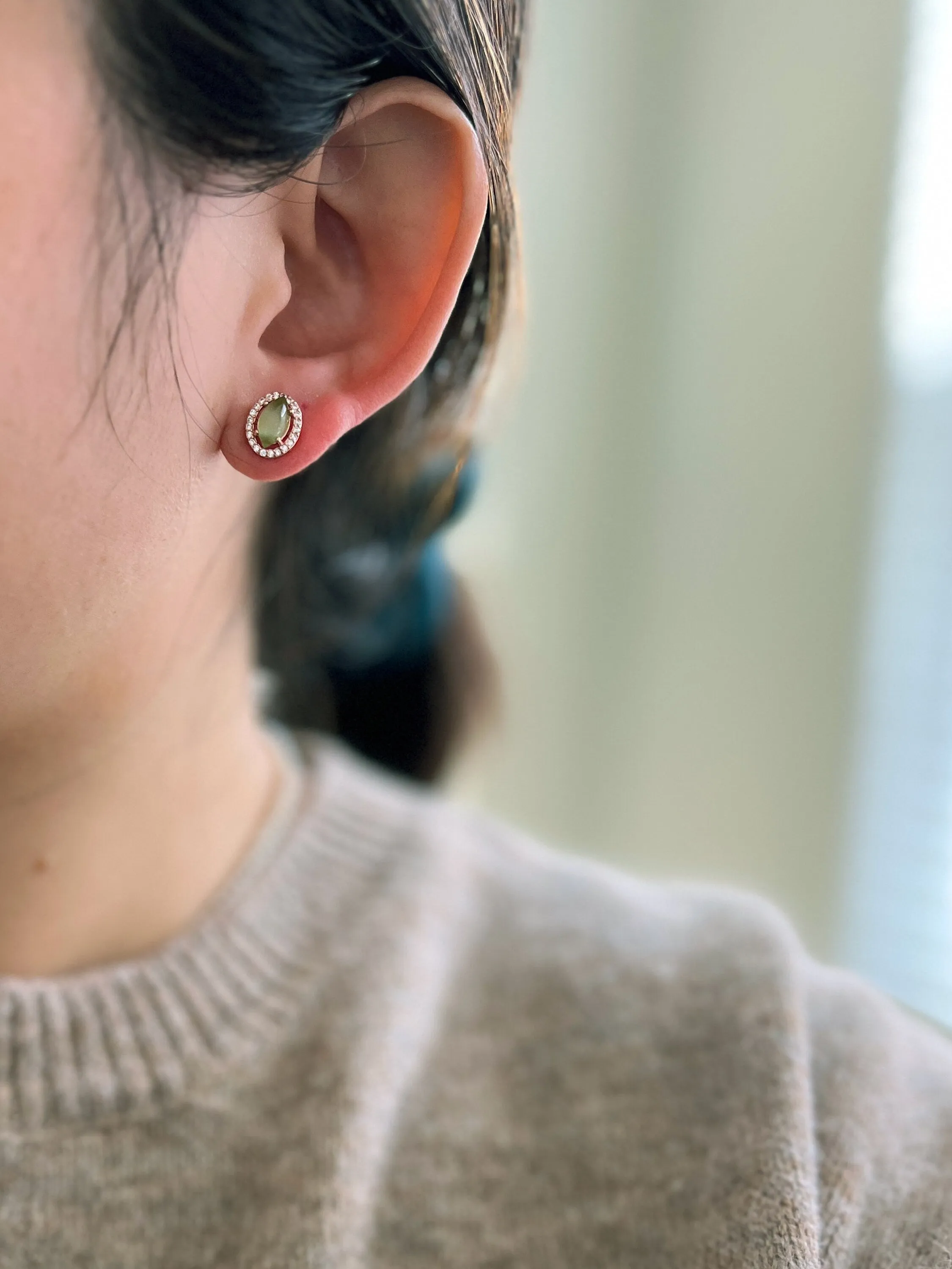 Natural Jade Earrings, Hetian Jade Earrings, S925 Sterling Silver Earrings, Cat Eye Jade Earrings, Light Green Jade Earrings, Stud Earrings