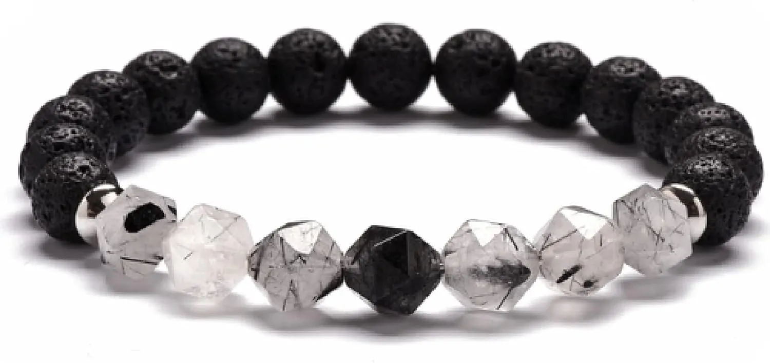 Natural Stone Beaded Bracelets Women Men Stainless Steel Amethysts Agates Tiger Eye Quartz Crystal Stone Bracelets,Black Hair Crystal