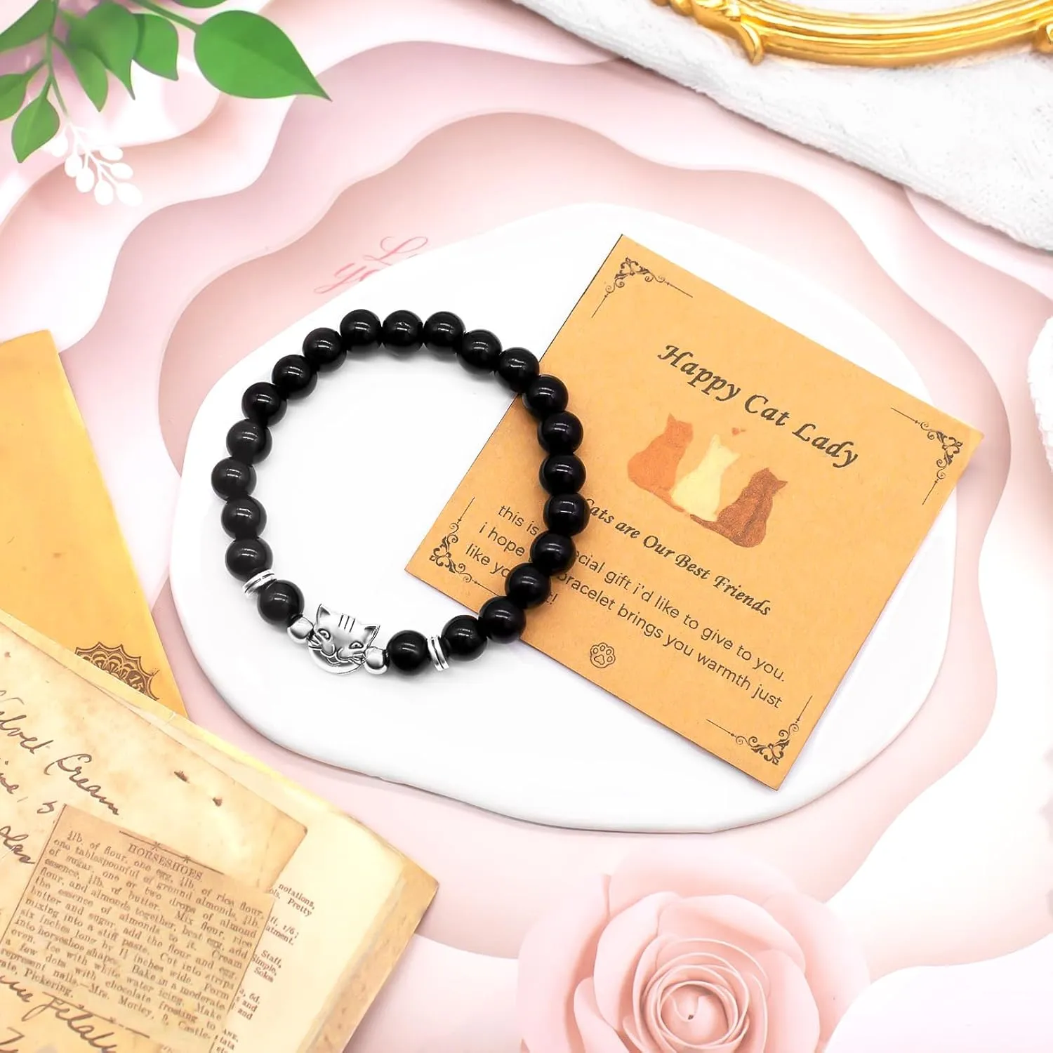 Natural Stone Bracelets Cat Gemstone Bracelet Cat Lover Gifts for Women Black Obsidian Pink Zebra Bracelets Healing Crystal Cat Lucky Bracelets Jewelry Gifts
