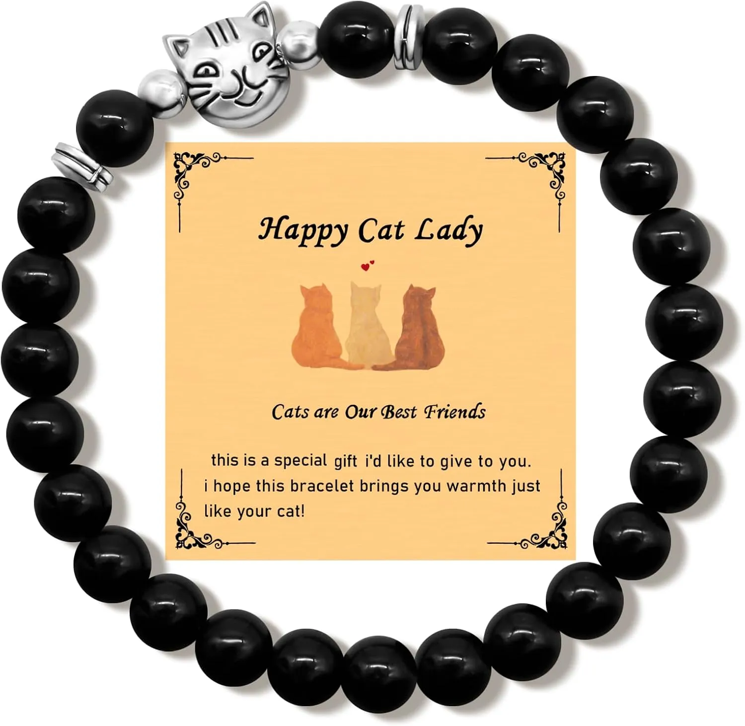 Natural Stone Bracelets Cat Gemstone Bracelet Cat Lover Gifts for Women Black Obsidian Pink Zebra Bracelets Healing Crystal Cat Lucky Bracelets Jewelry Gifts