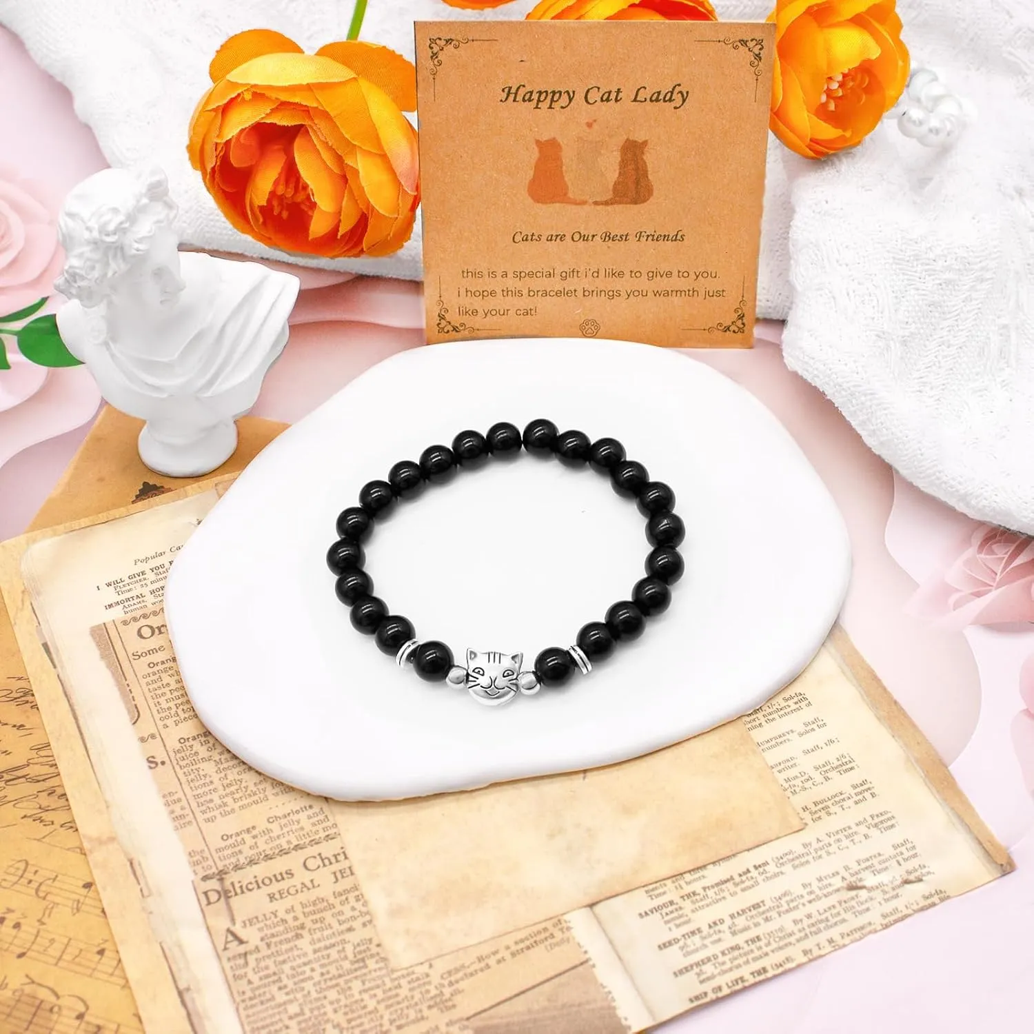 Natural Stone Bracelets Cat Gemstone Bracelet Cat Lover Gifts for Women Black Obsidian Pink Zebra Bracelets Healing Crystal Cat Lucky Bracelets Jewelry Gifts