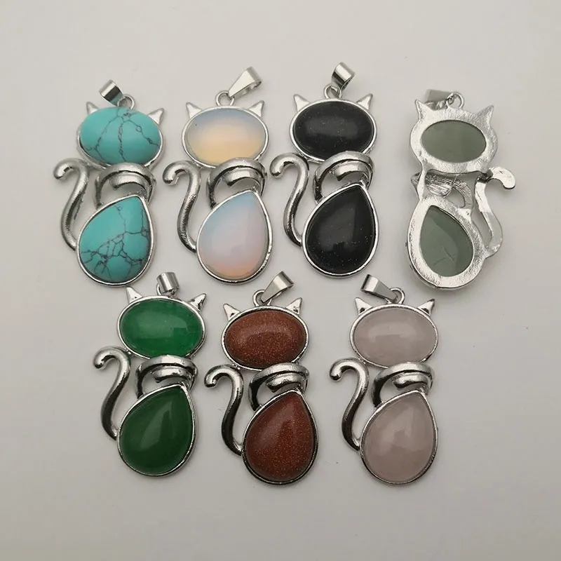 Natural stone cat pendant Necklace for jewelry making 7pcs/lot Fashion men charm trendy accessories wholesale