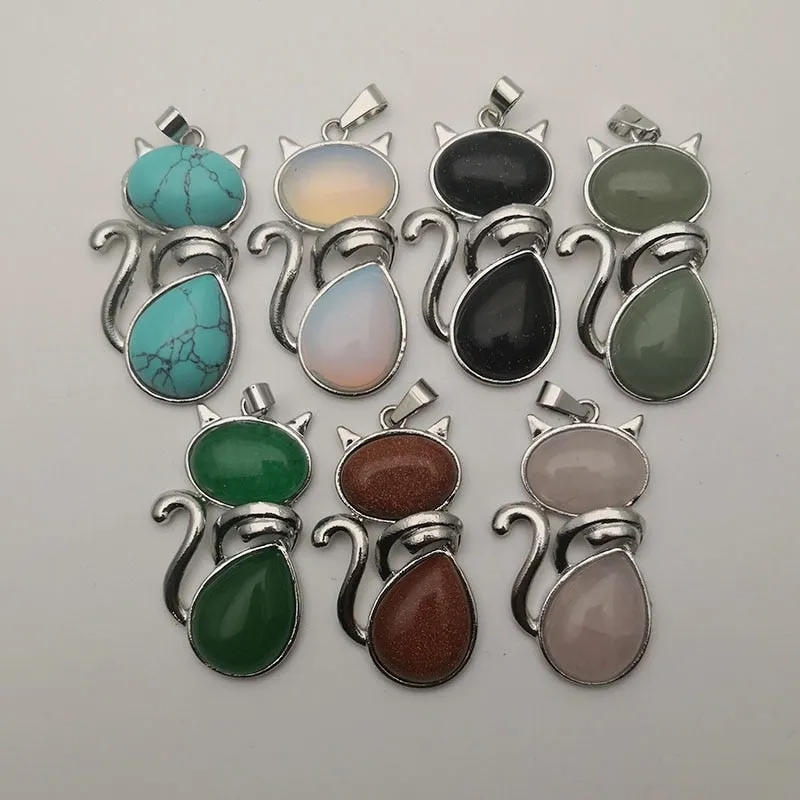 Natural stone cat pendant Necklace for jewelry making 7pcs/lot Fashion men charm trendy accessories wholesale