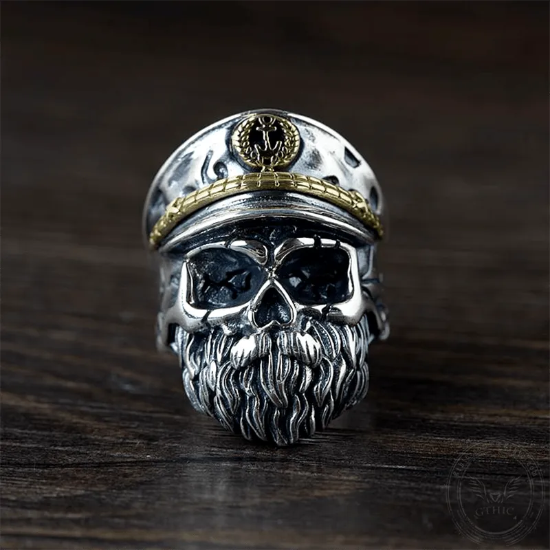 Navy Captain Sterling Silver Skull Ring