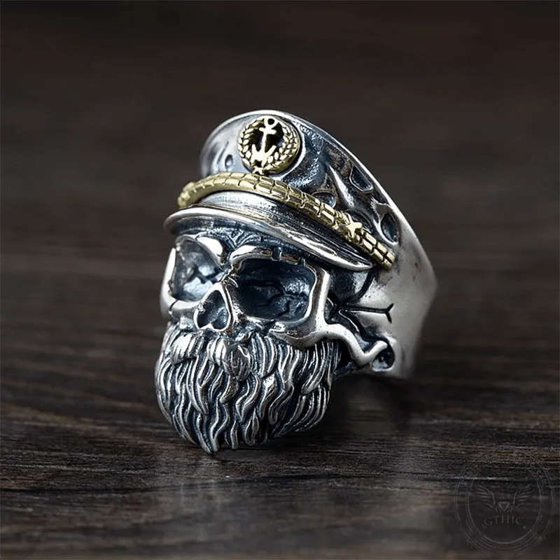 Navy Captain Sterling Silver Skull Ring