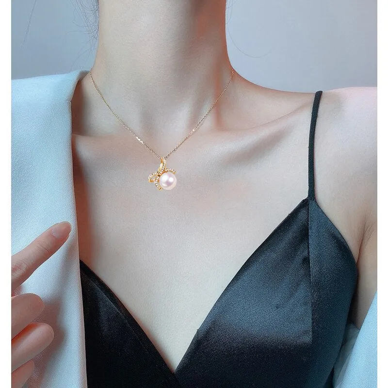 New Sweet Bow Pearl Pendant 100% Real Natural Freshwater Pearl Necklace