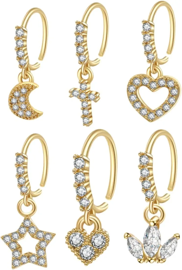 Nose Jewelry Set 6pcs Nose Rings Earrings Nose Hoops Nose Cuffs Nose Clip for Women Gold Nose Piercings Dangle Nose Ring Comfortable Party Daily Accessory