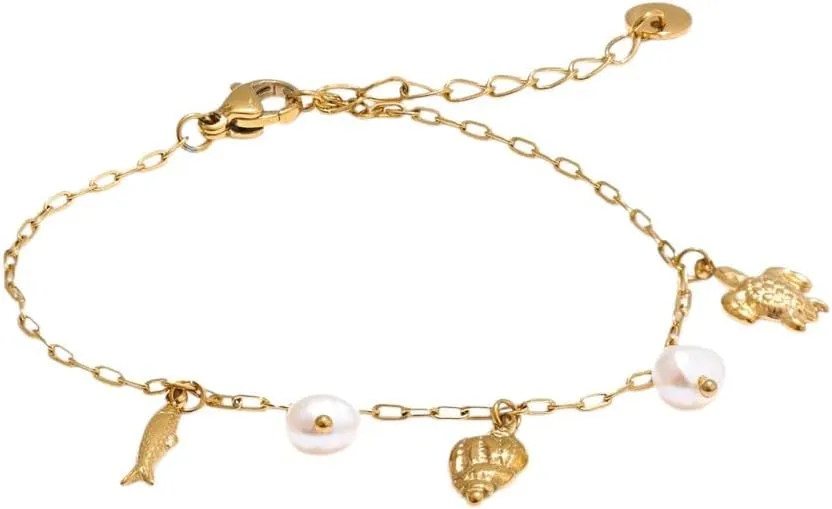 Ocean Style Accessories Natural Pearl Shell Fish Drop Chain Bracelet Bangle Stainless Steel High Jewelry A