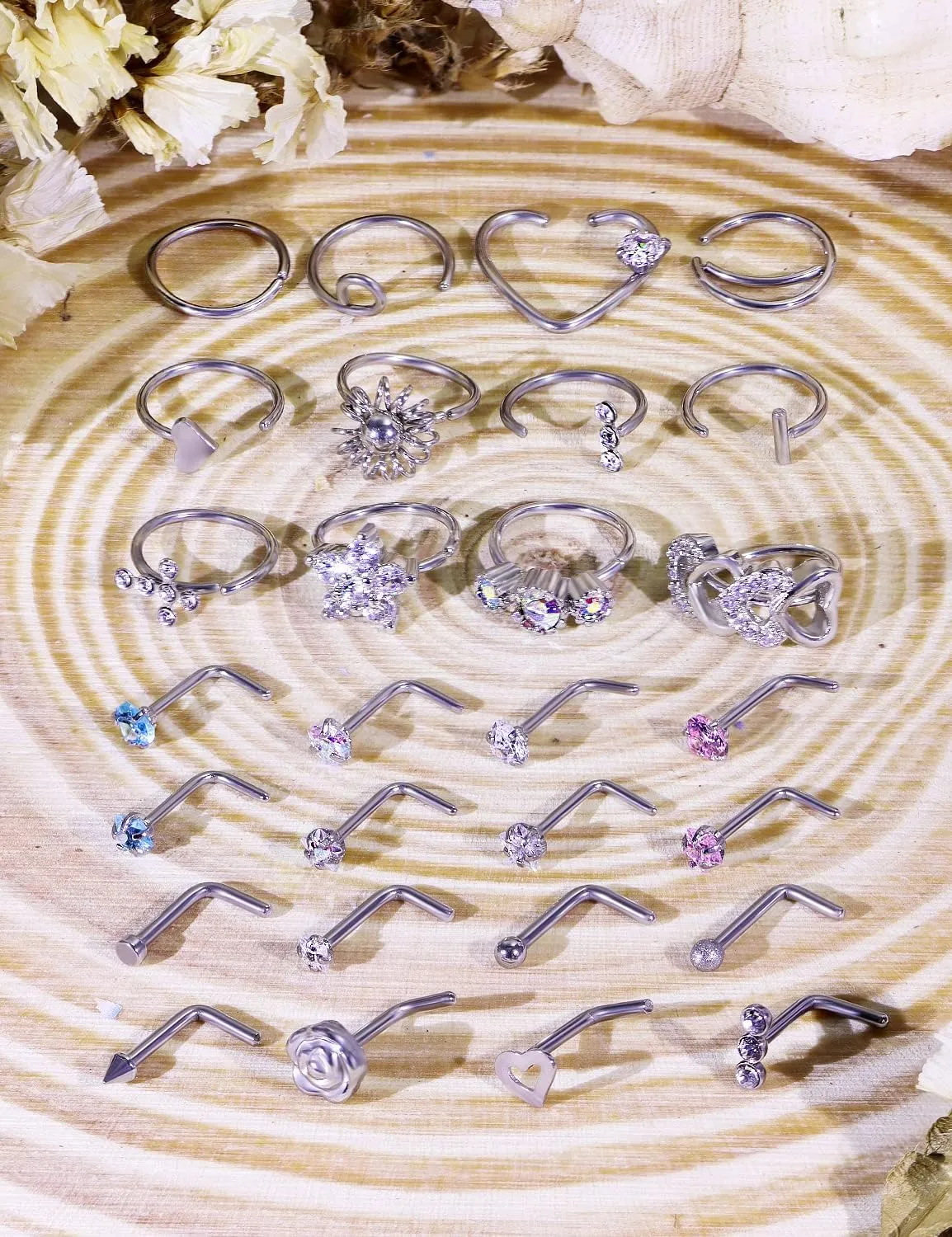 Ocptiy 18G 20G Nose Rings Studs Nose Hoops 316L Surgical Steel Hypoallergenic Silver Nose Piercings Straight Screw L Shaped Nostril Nose Rings Piercing Jewelry for Women Men 20Pcs-28Pcs