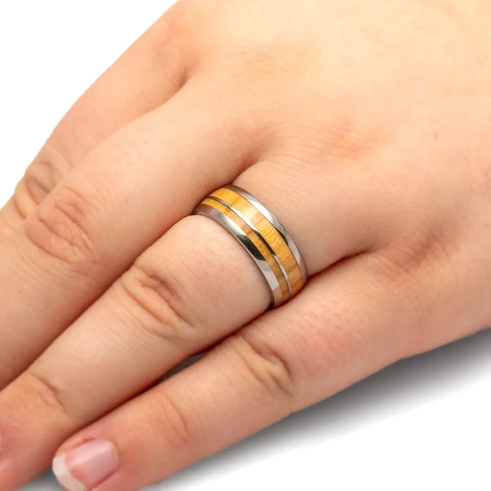 Olive Wood Wedding Band With Titanium Pinstripe, Wood Ring