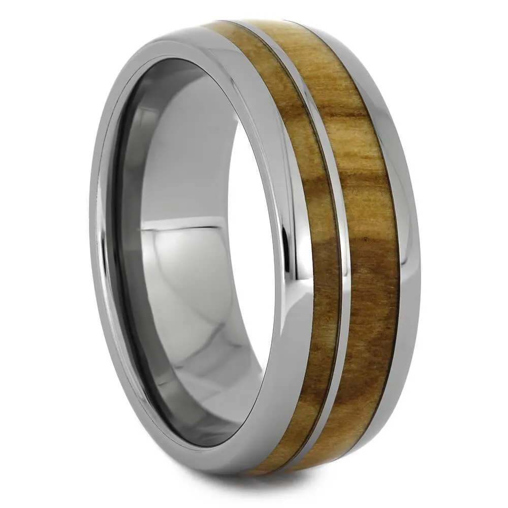 Olive Wood Wedding Band With Titanium Pinstripe, Wood Ring