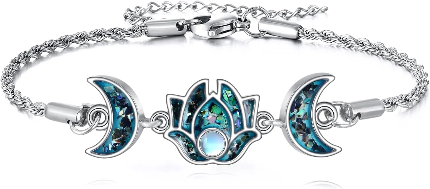 ONEFINITY Moonstone Lotus Bracelet 925 Sterling Silver Abalone Shell Lotus Flower Bracelets Yoga Jewelry Gifts for Women Mom