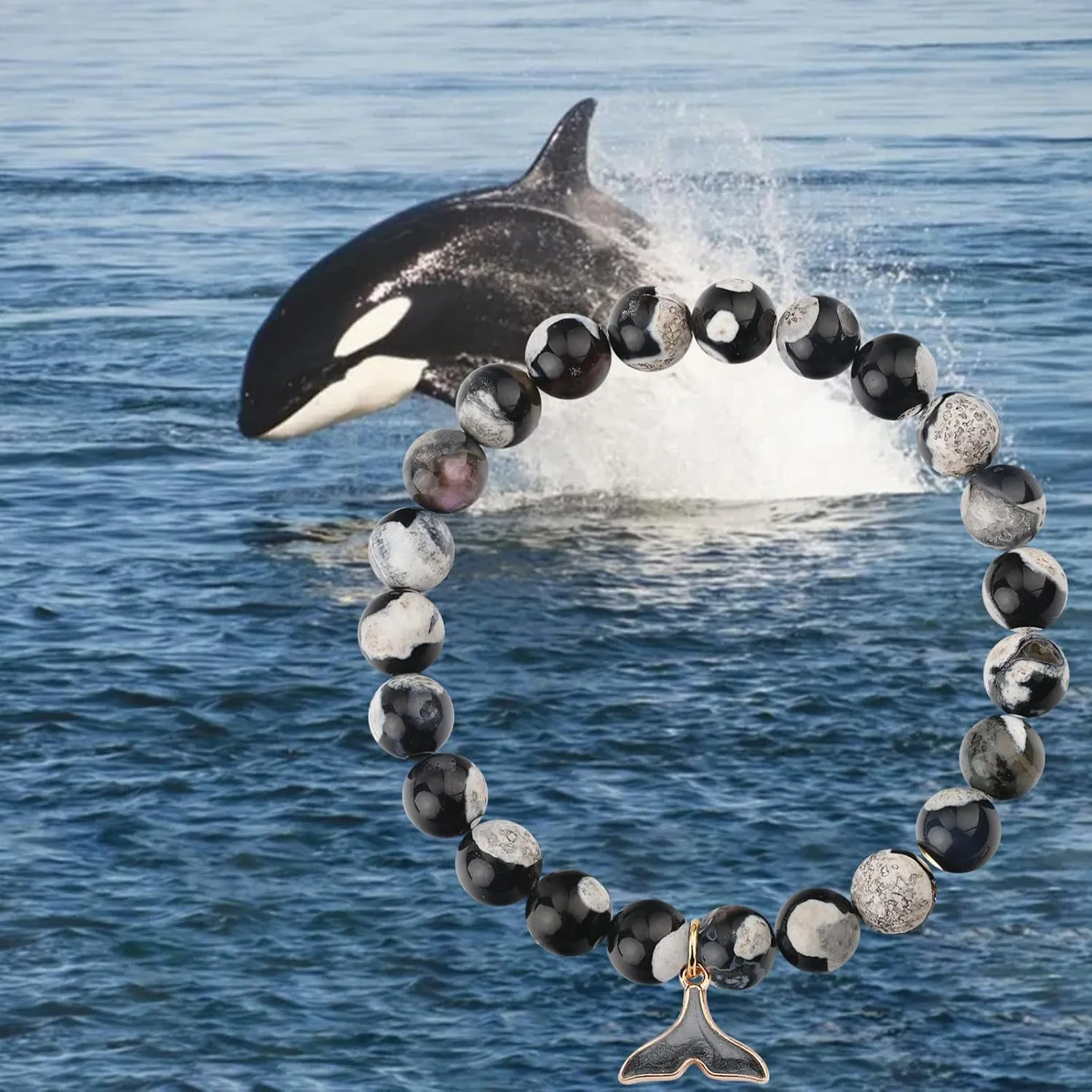 Orca Agate Crystal Bracelets Bead Bracelets for Women, 8mm Natural Stretch Chakra Bracelet Ocean Bracelet Jewellery Gift Bring Luck Prosperity Happiness.