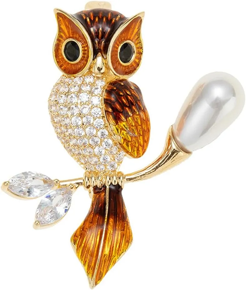 Owl Brooch Pins for Women Fashion Jewelry Enamel Owl Lapel Pin with Simulated Pearl