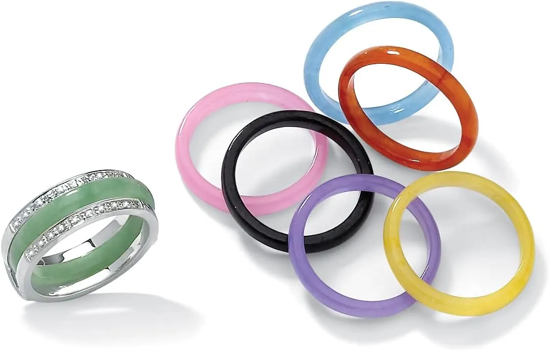 PalmBeach Sterling Silver Multicolor Jade 8 Piece Interchangeable Ring Set Sizes 5-10
