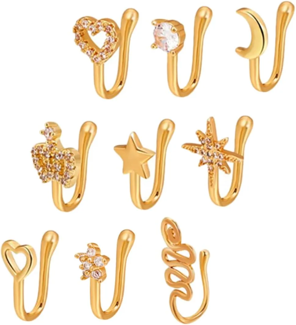 PartyKindom 9pcs Non Piercing Fake Nose Rings for Women Stylish Nose Cuff Jewelry Unique Clip Design for Festivals and Everyday Wear