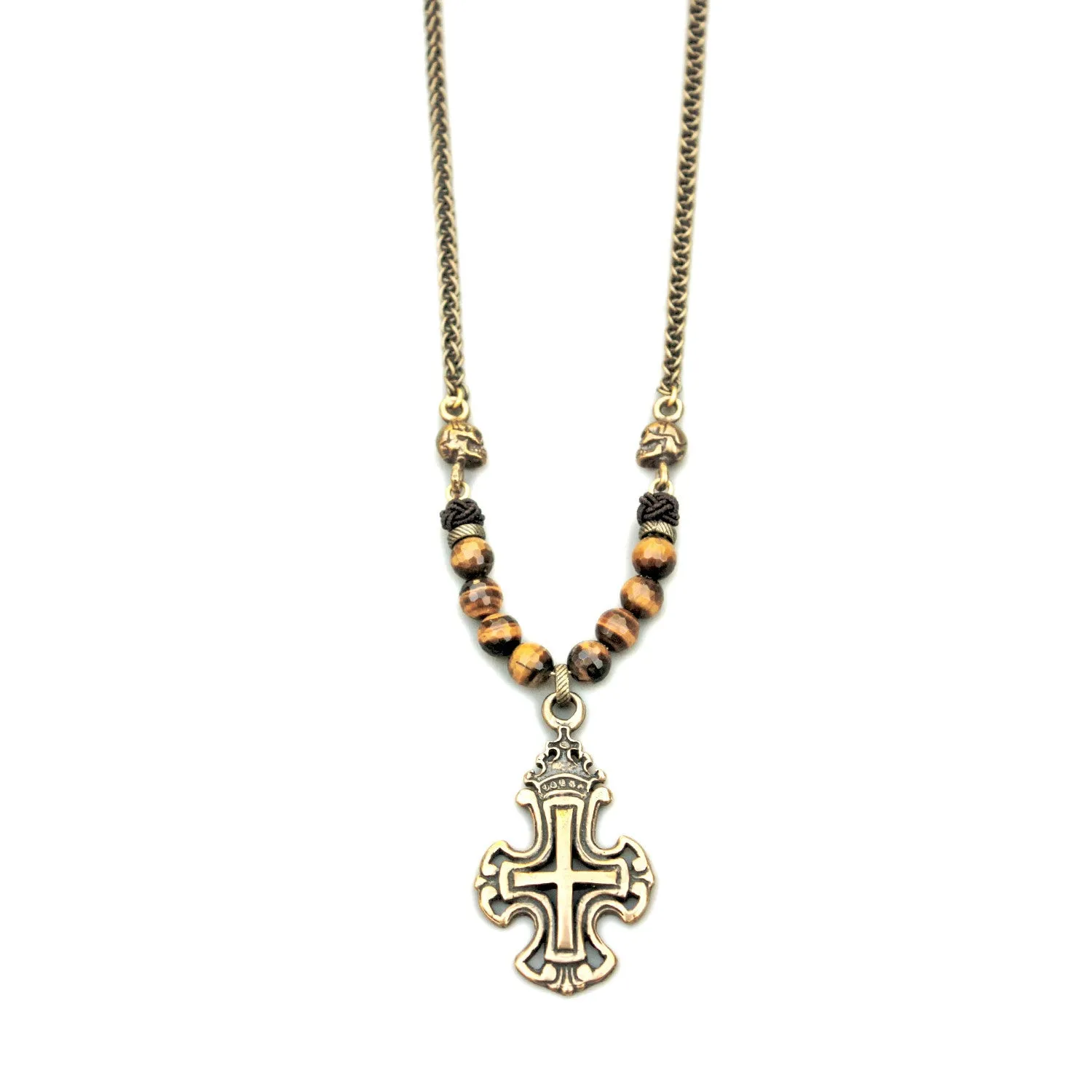 Pathar Ka Phool Solid brass cross and skulls with faceted Tiger eye Necklace
