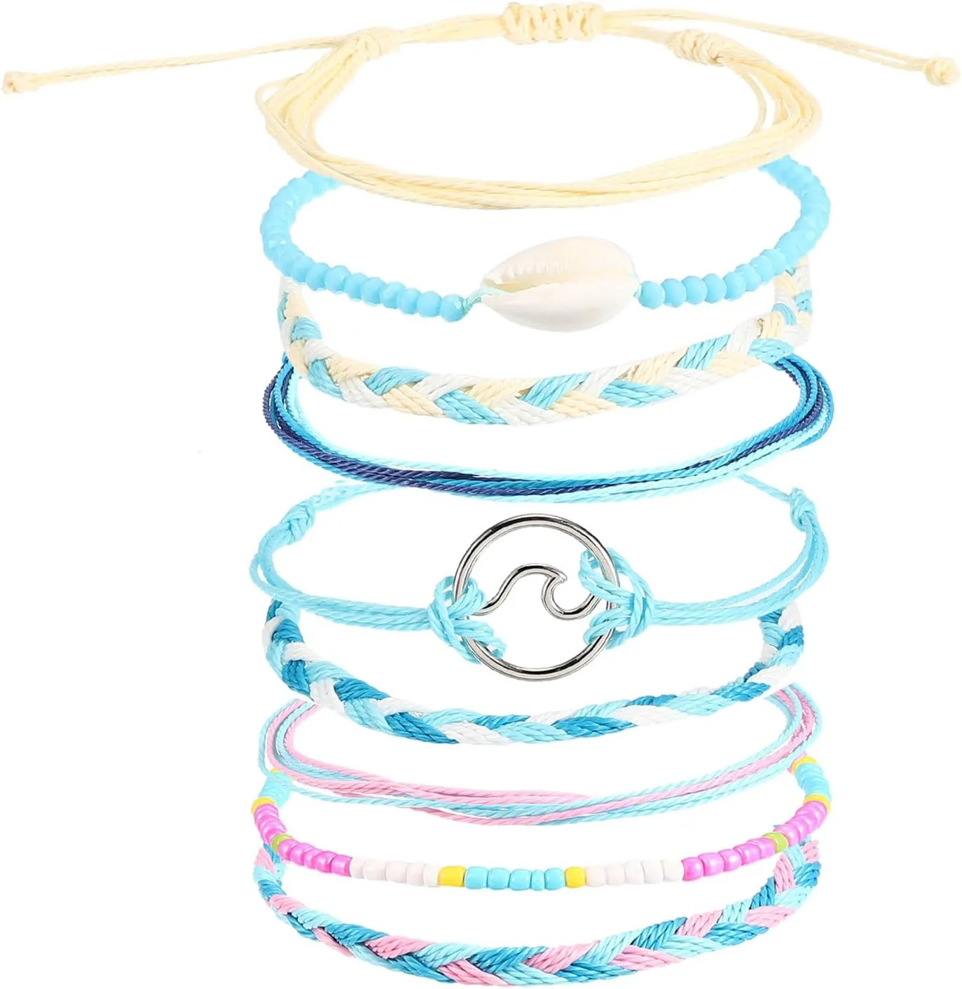 PATIKIL Shell Wave String Bracelets, 9 Pack Adjustable Handmade Bracelets Waterproof Braided Rope for Decoration Friends Couples Gift, Beige/Pink/Blue