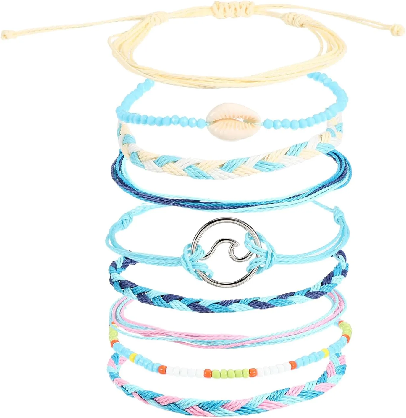 PATIKIL Shell Wave String Bracelets, 9 Pack Adjustable Handmade Bracelets Waterproof Braided Rope for Decoration Friends Couples Gift, Beige/Pink/Pink Blue
