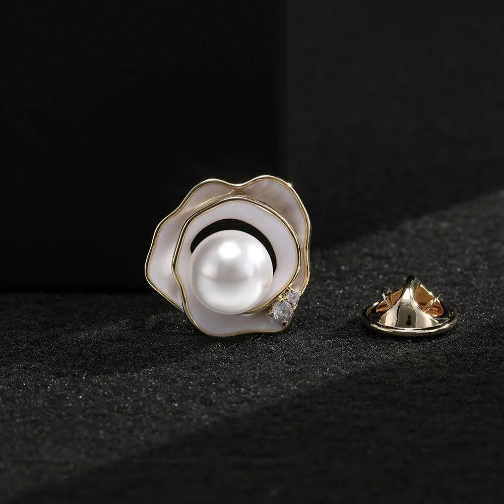 Pearl Flower Brooch for Women - Gold Plated Pearl Flower Pin Rhinestone Buttons Lapel Pin Jewelry - Valentine's Day Gift