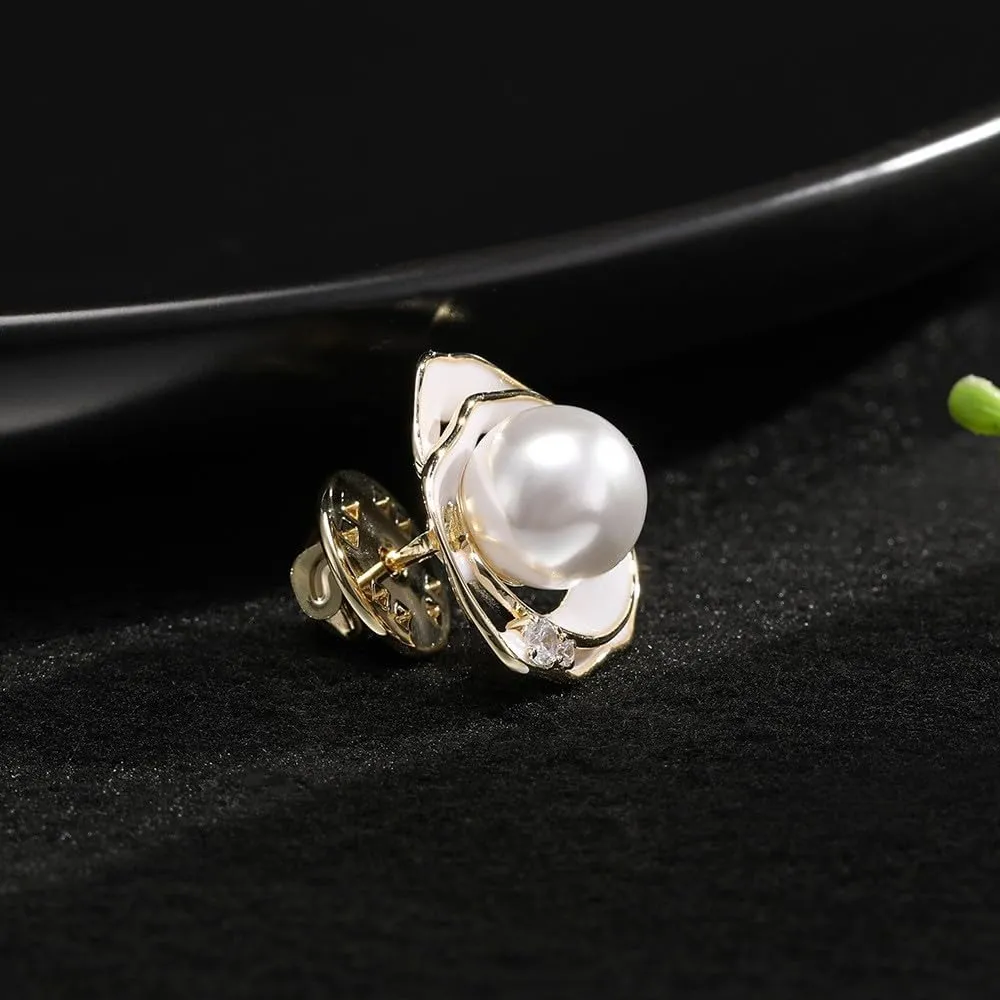 Pearl Flower Brooch for Women - Gold Plated Pearl Flower Pin Rhinestone Buttons Lapel Pin Jewelry - Valentine's Day Gift