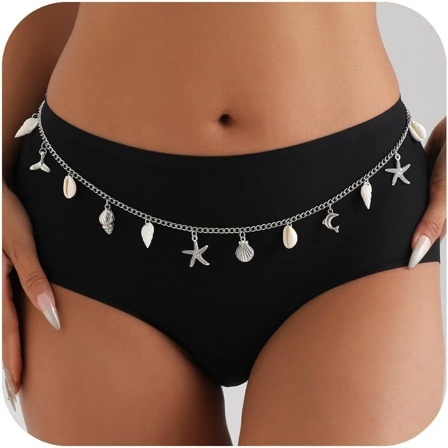 Pearl Shell Waist Chains for Women Starfish Conch Belly Chain Beach Bikini Body Chain Belly Belt Body Chains Waterproof Adjustable Sexy Beach Bikini Body Jewelry