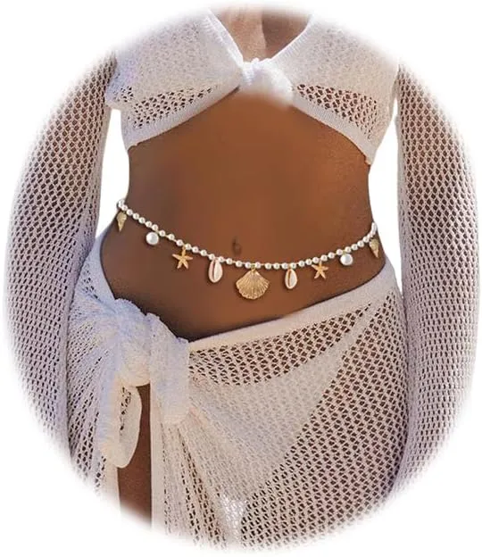 Pearls Waist Chain Shell Starfish Bikini Body Chains Summer Beach Body Jewelry for Women Boho Conch Mermaid Belly Chain