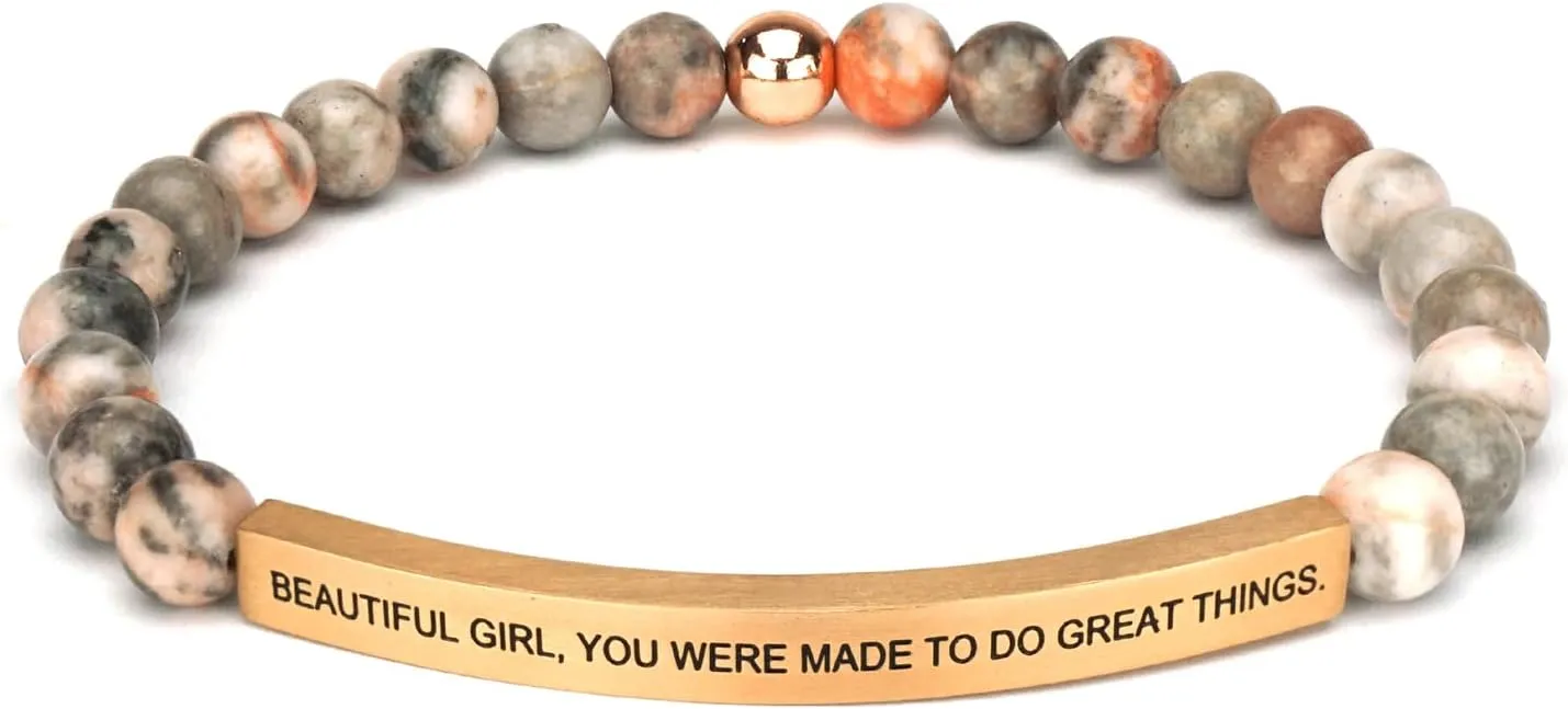 Personalized Bracelets for Women Men Couple,18K Gold Plated Stainless Steel Bar Custom Engraved Name Message Quotes Natural Gemstone Beaded Stretch Bracelet