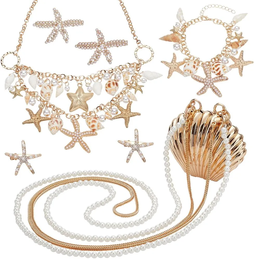 PH PandaHall 7pcs Mermaid Jewelry Set, Seashell Starfish Necklace Bracelet Mermaid Costume Accessories Pearl Collar Bib Pendant Necklace Hair Clip Crossbody Bag for Christmas Women Sea Beach