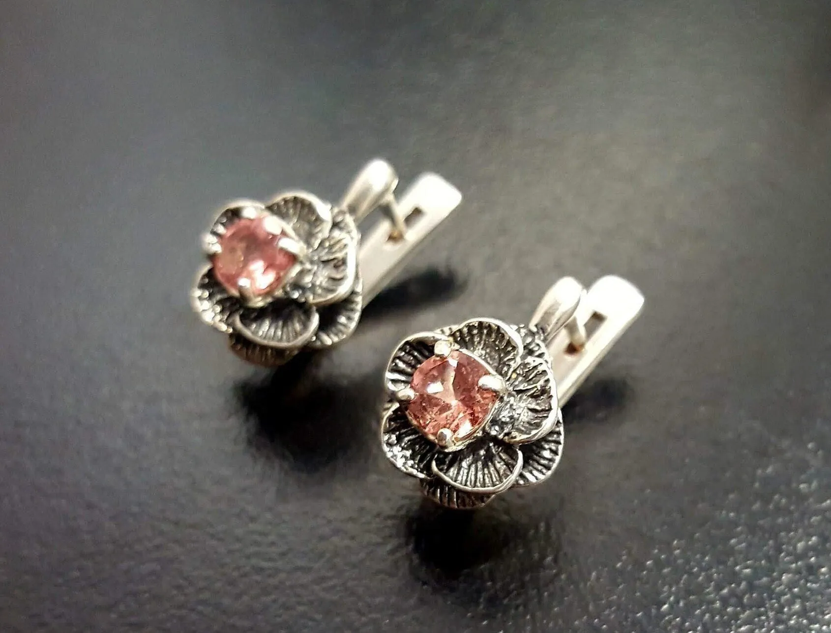 Pink Rose Earrings - Natural Tourmaline Earrings - Vintage Flower Earrings