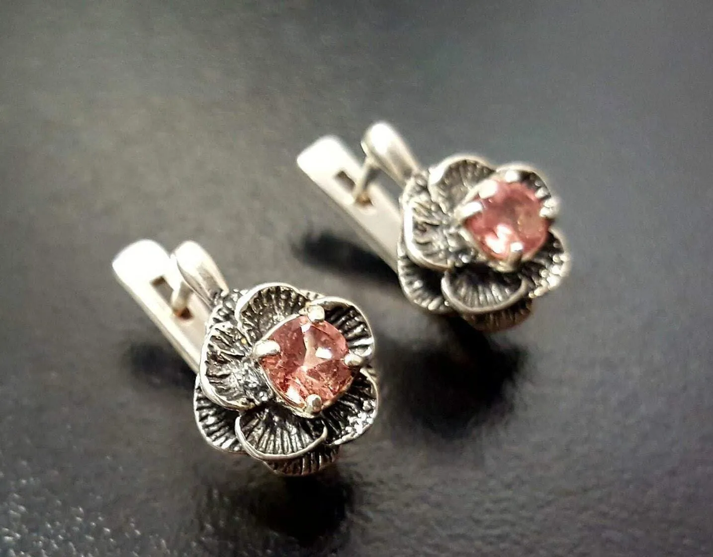 Pink Rose Earrings - Natural Tourmaline Earrings - Vintage Flower Earrings