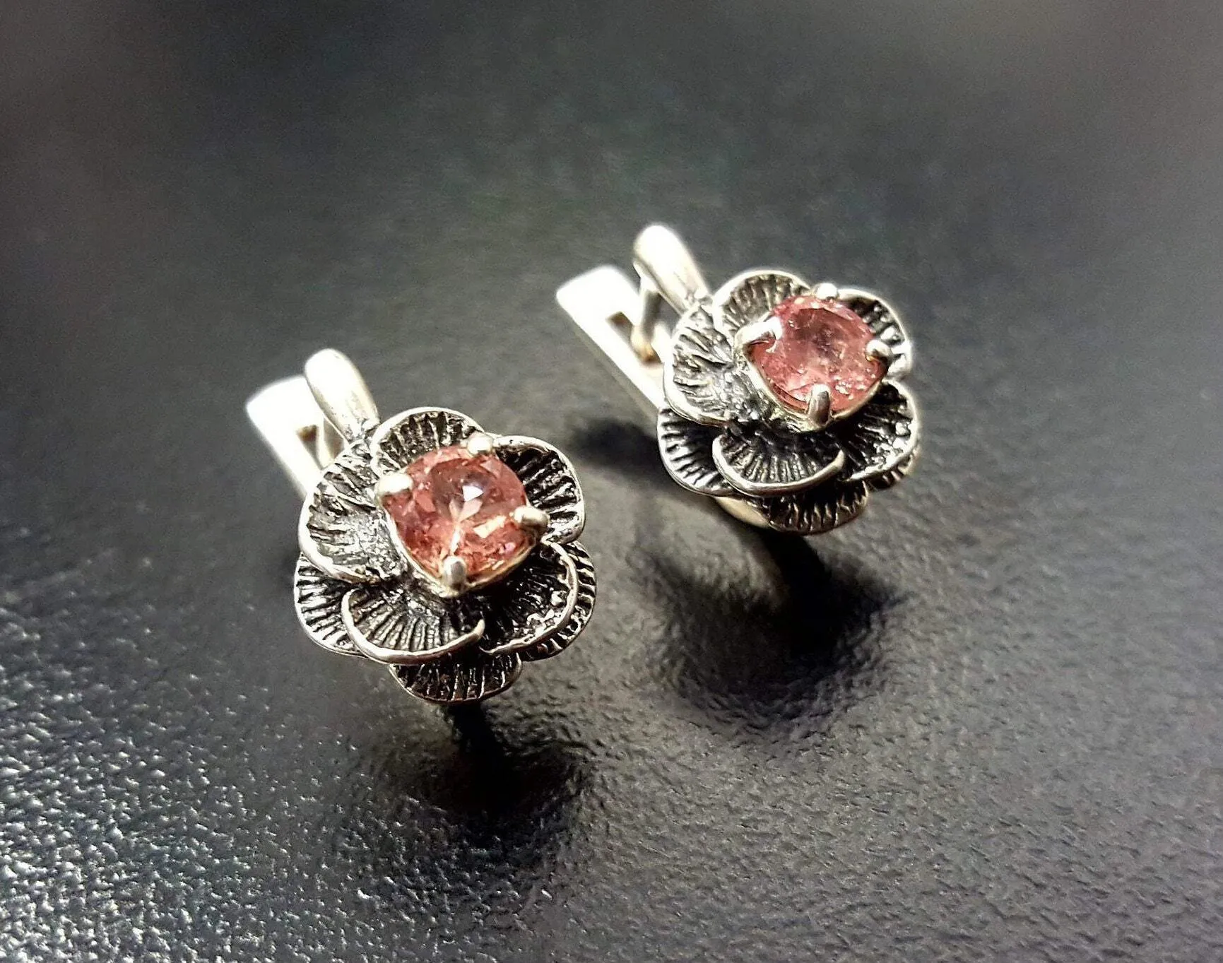 Pink Rose Earrings - Natural Tourmaline Earrings - Vintage Flower Earrings