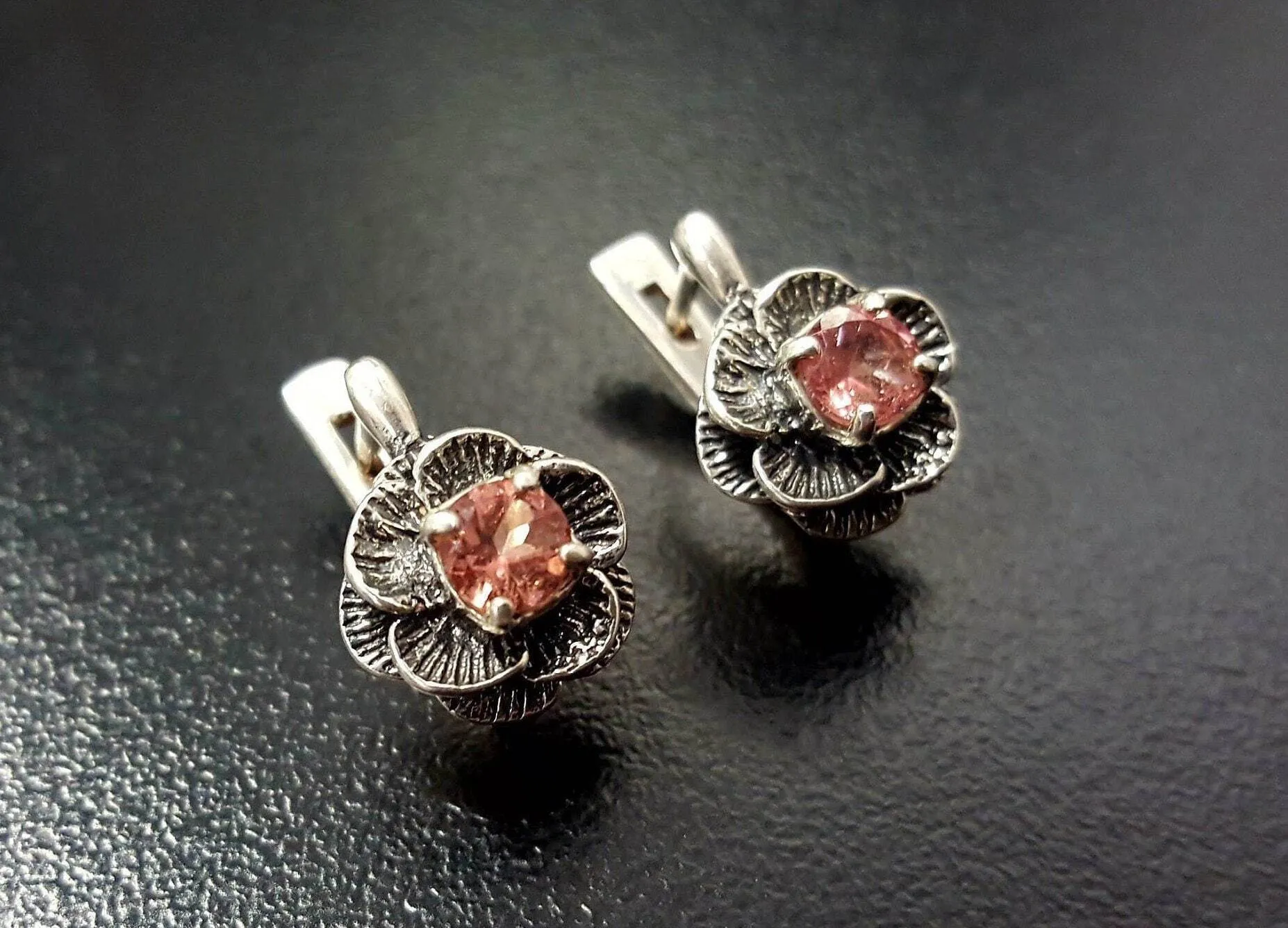 Pink Rose Earrings - Natural Tourmaline Earrings - Vintage Flower Earrings