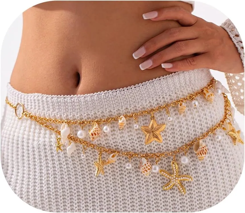 PLwelth Seashell Starfish Waist Chains for Women Bohemian Conch Pearl Shell Gold Body Bikini Chain Sexy Beach Pearl Layered Waist Belly Jewelry Summer Beach Charm Body Chain Accessories