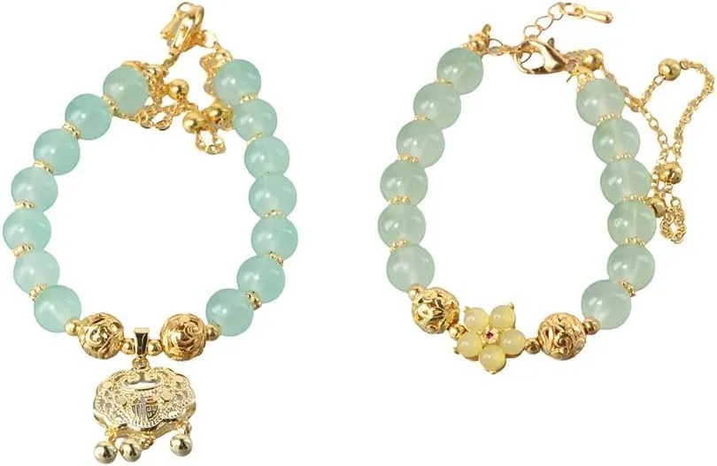 Pokinge 2Pcs Imitation Jade Bracelet Crystal Bracelet Chinese Style Flower Bead Charm Bracelet Woven Hand Rope Women Jewelry