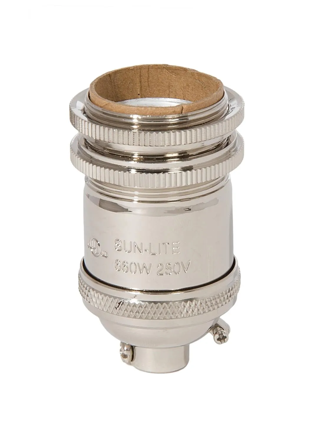 Polished Nickel Finish Sunlite Full Keyless Heavy Turned Brass Tall Socket with Ground Screw Terminal, 1/8IP (48264N)